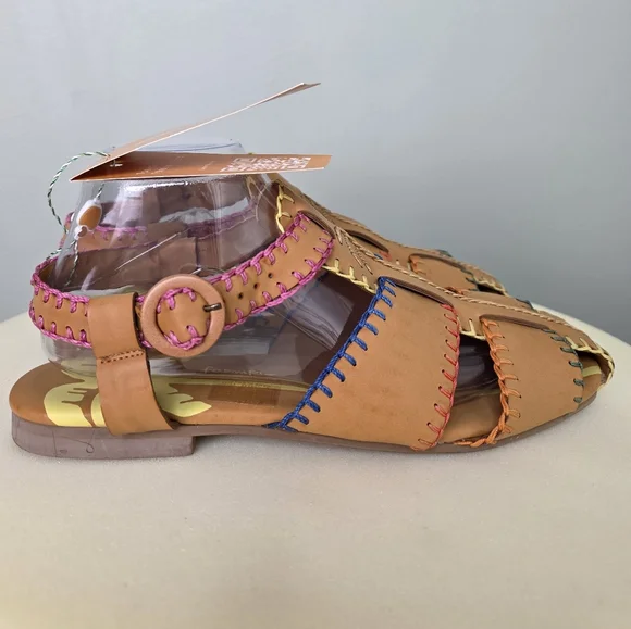 NWT Farm Rio Caramel Tan Whipstitch Fisherman Sandals Palm Tree Adjustable Strap - Picture 6 of 17